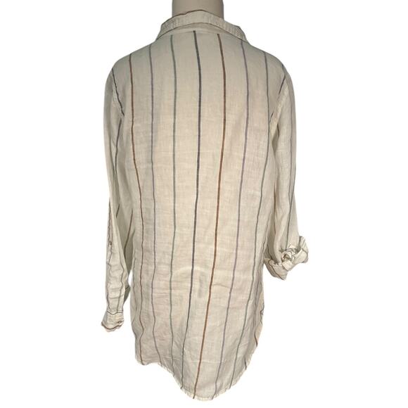 ARTISANNY 100% Linen Size Medium White Stripped Tunic 1/4 Button Down Lounge - Picture 2 of 11